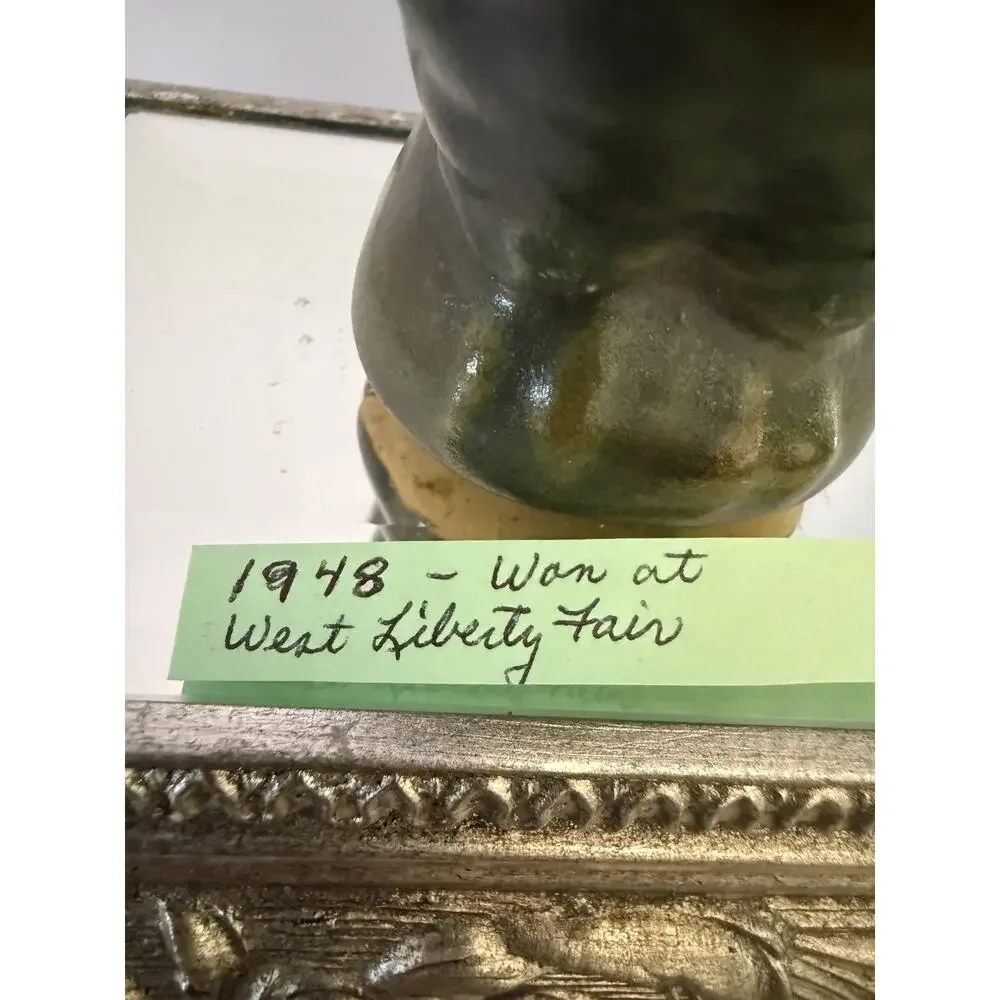 Vintage Mid Century 1948 Ceramic Avocado Green Estate Owl Bud Vase 4.25”